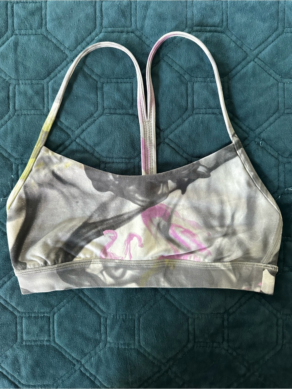 lululemon athletica Marble-Print Strappy Sports Bra in Gray, Pink & Lime Green